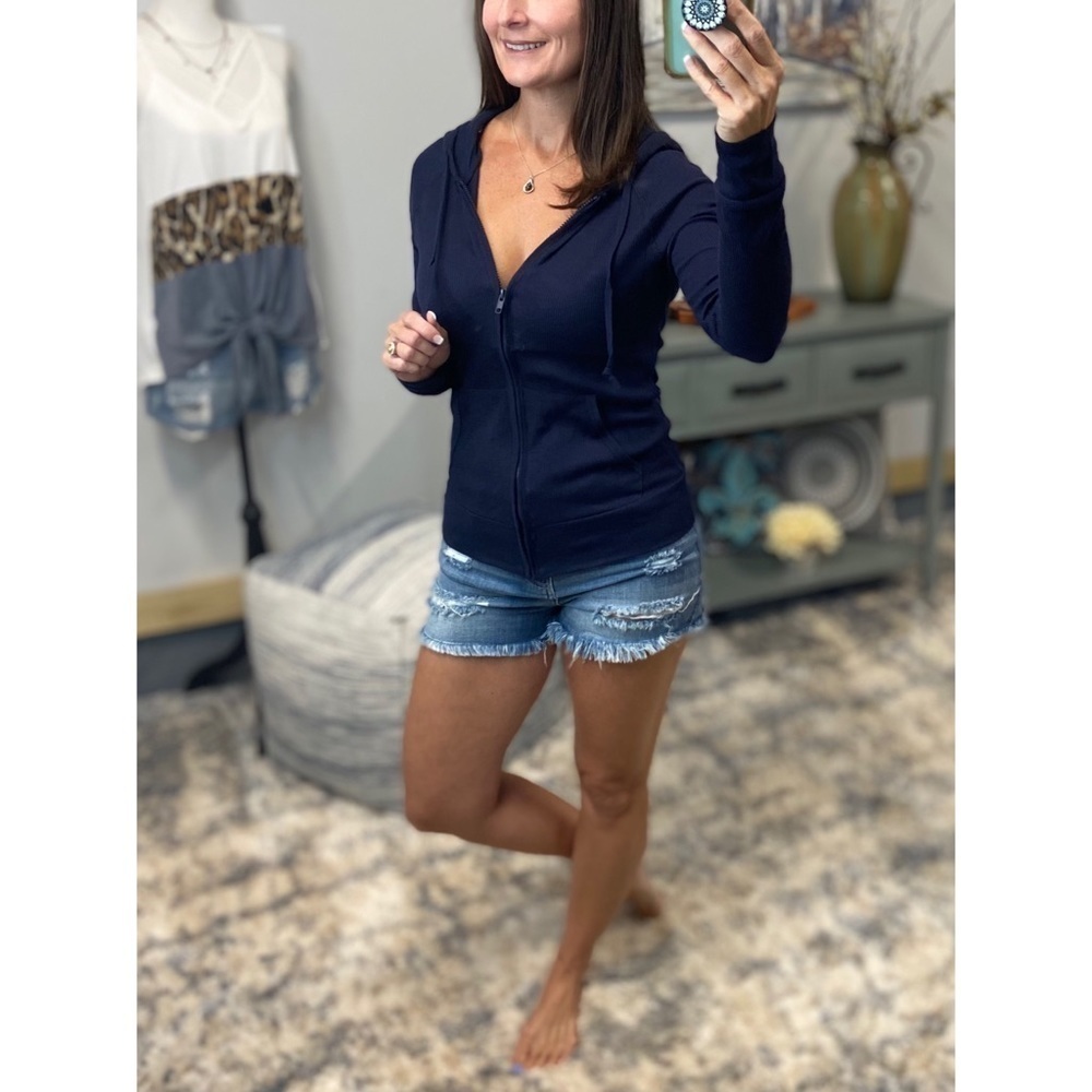 ❤️‍🔥Waffle Thermal Zip Up Drawstring Pocket Hoodie Navy Blue 4421 - Picture 4 of 7